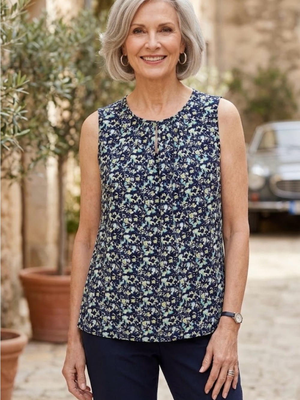 Christopher & Banks Navy Floral Sleeveless Keyhole Camisole